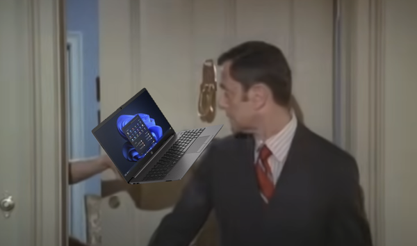 A screenshot from the first few seconds of opening to the TV show "The Odd Couple", with Felix Unger being handed a frying pan by his wife as she kicks him out. An image of a laptop has been badly placed over the pan.