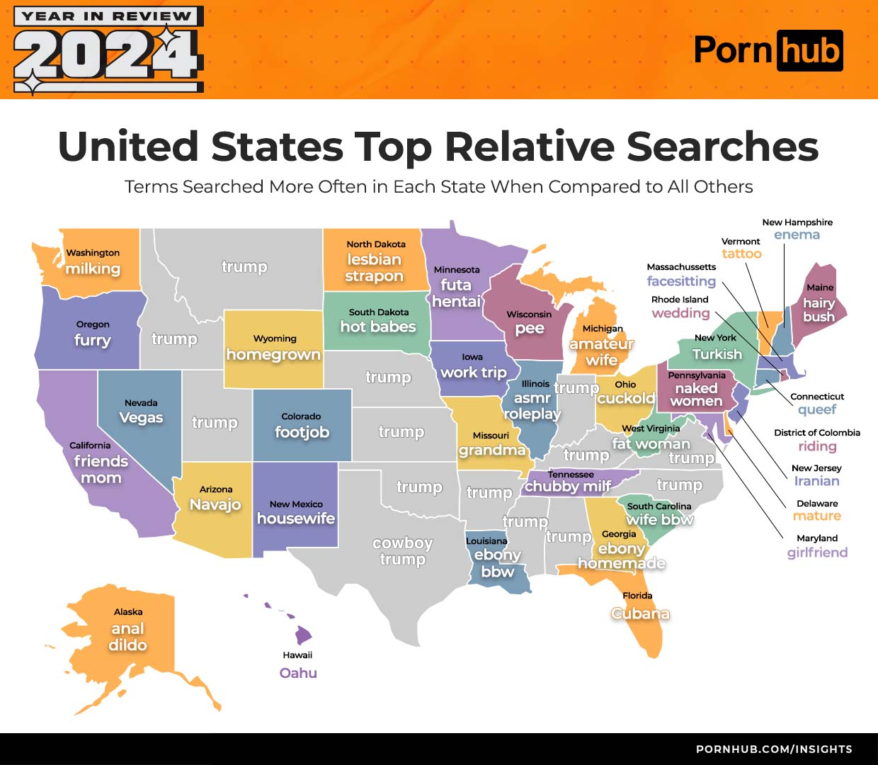 A map of the United States, originally from Pornhub, with various searches marked or each state where the site is available. The other states have "trump" added to them, with the exception of Texas which has "cowboy trump".